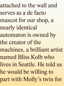 Large serif text on a pale gradient background describing an automaton mascot named Molly and artist Bliss Kolb in Seattle.