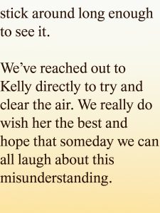 Brown serif quote on a light gradient background about reaching out to Kelly to clear the air and hoping for a time when everyone can laugh about the misunderstanding.