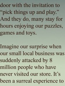 Large brown serif text on a green gradient background conveying a long quote about inviting people to pick things up and play and a local business's surprising online attack.
