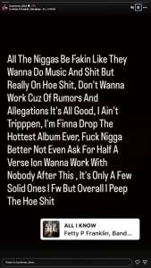 Text-heavy black screen with white paragraph text expressing song lyrics about fake people; a promo card for 'ALL I KNOW' by Fetty P Franklin is at the bottom.