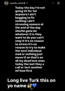 Instagram story image: large white text on black background expressing frustration and a vow to stop engaging in drama; bottom line reads 'Long live Turk this on yo name' with a lock and blue heart emoji.