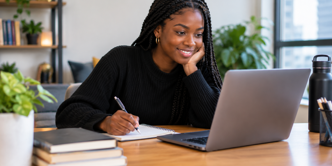Black woman with long braids writing in a notebook beside her laptop at home.