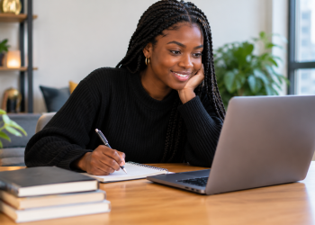 Black woman with long braids writing in a notebook beside her laptop at home.