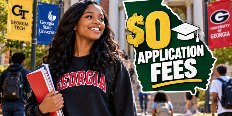 Smiling student in a Georgia sweatshirt holding notebooks on campus with a bold sign advertising $0 application fees for Georgia colleges in the foreground.