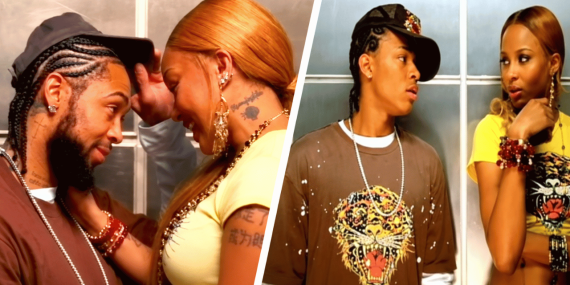 Split-screen scene with two couples: left shows a bearded man with cornrows and a woman in a yellow top sharing a close moment; right shows a man in a cap looking at a woman in a yellow crop top.