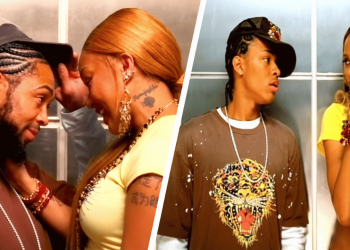 Split-screen scene with two couples: left shows a bearded man with cornrows and a woman in a yellow top sharing a close moment; right shows a man in a cap looking at a woman in a yellow crop top.