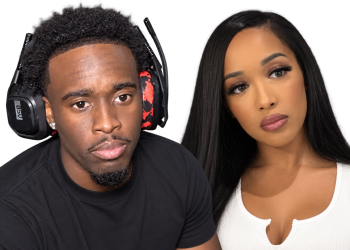 kai cenat - gorgeous doll - Baller Alert Two people posing for a podcast/stream thumbnail: man with large black headset and earrings, woman with long black hair in a white top, both looking slightly to the side against a dark background