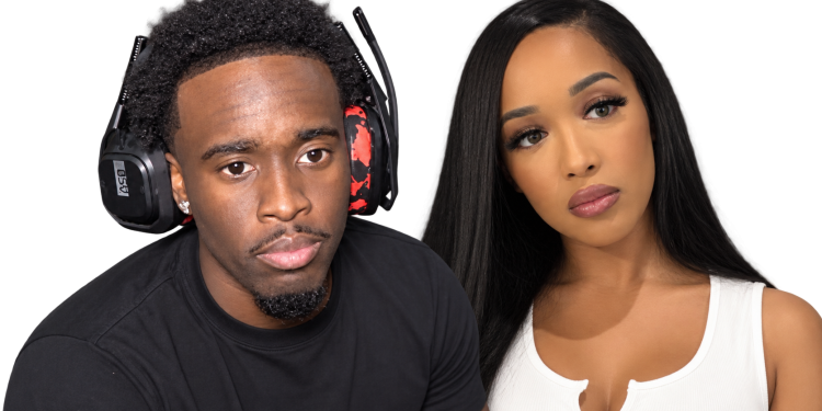 Two people posing for a podcast/stream thumbnail: man with large black headset and earrings, woman with long black hair in a white top, both looking slightly to the side against a dark background